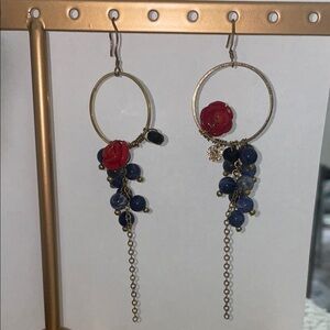 Elegant Gold and Blue Dangle Earrings with Red Rose